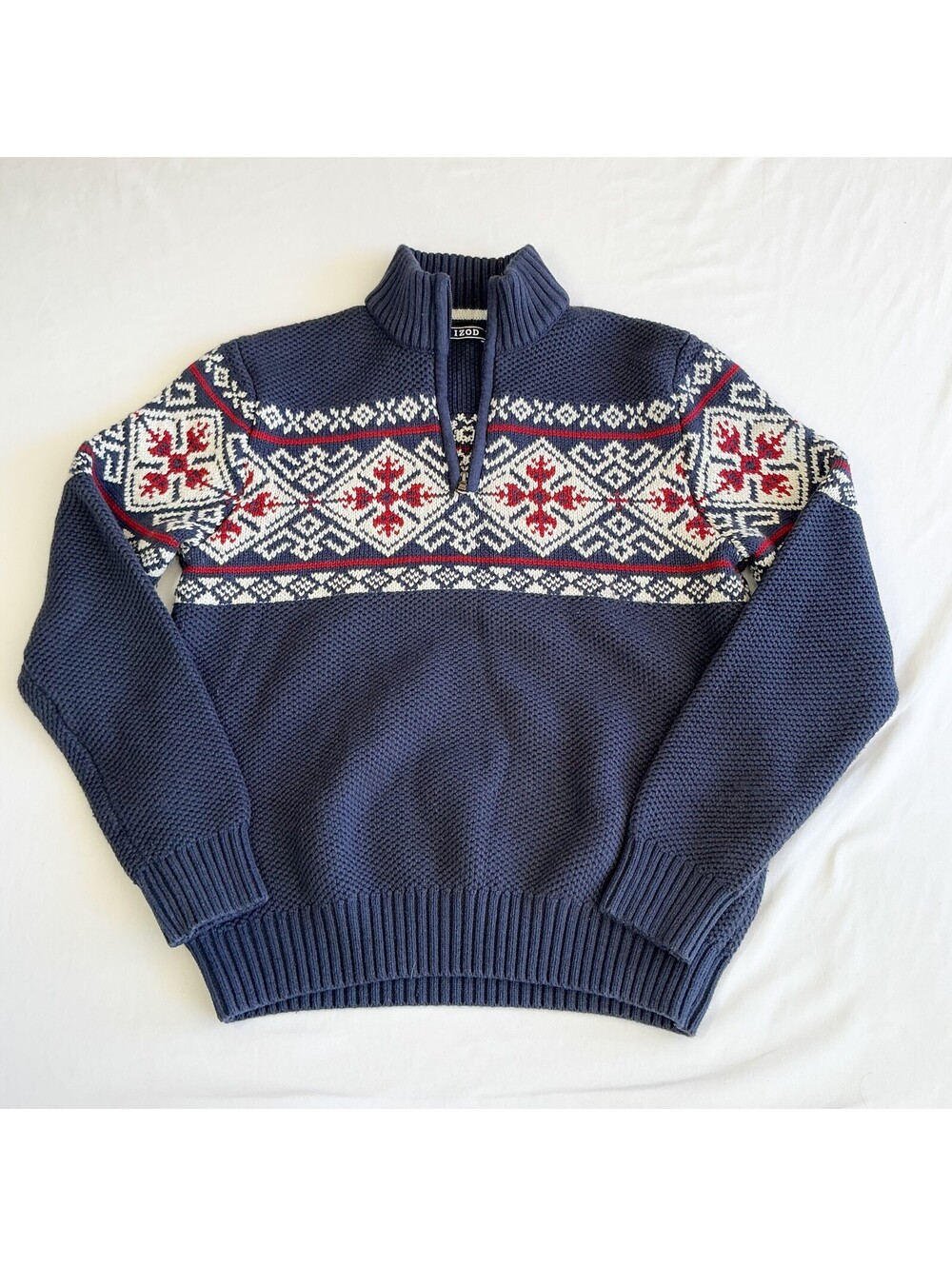 Izod Men's Navy Blue Half Zip Sweater Apres' Ski Fair Isle Pattern Mens Size Med